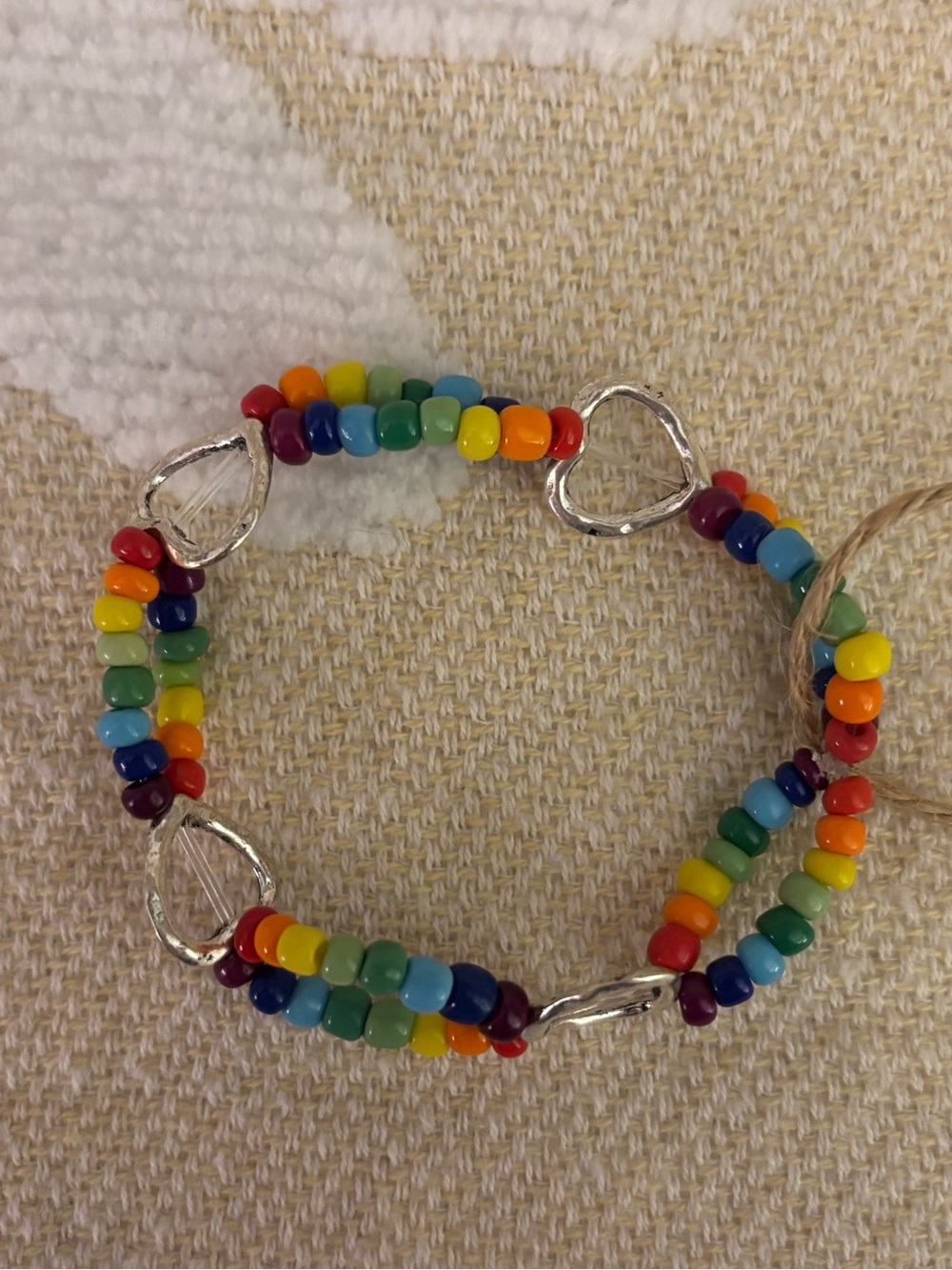 Rainbow Beaded Bracelet with Silver Heart Accents